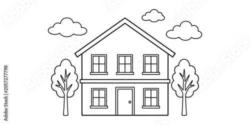 Obraz na płótnie Simple two story house line drawing with trees and clouds