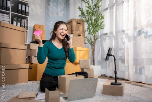 Woman entrepreneur managing online business, talking on phone with laptop