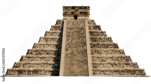 Ancient Mayan pyramid of Kukulcan at Chichen Itza isolated on white background.
