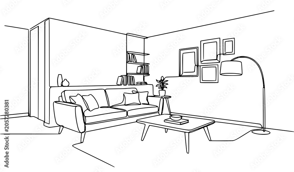 Fototapeta premium Modern Living Room Interior Continuous Line Drawing Home Furniture Sketch