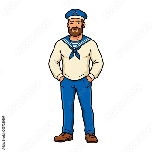 Canvas Print A sailor professional with a beard and wearing navy uniform, flat vector modern illustration
