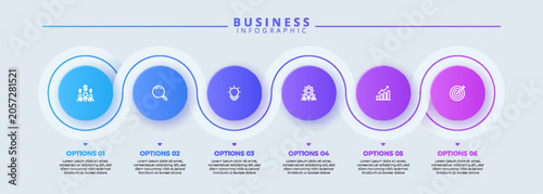 Professional 6 steps business infographic template with wave process flow chart, circular elements, and icons for finance, strategy, ideas, teamwork, growth, and target goals.