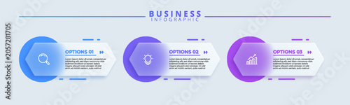 Modern business infographic template with three steps featuring glassmorphism icons for analysis, ideas, and growth on a clean background with blue and purple gradient elements.