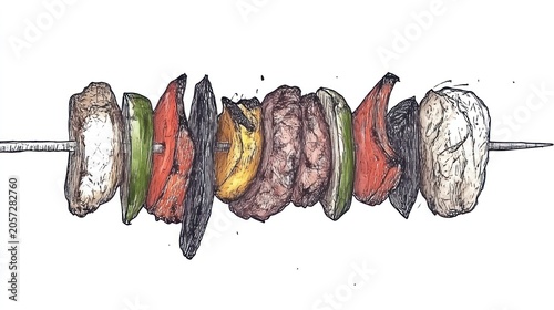 Skewered grilled vegetables and meat in an artistic, hand-drawn style