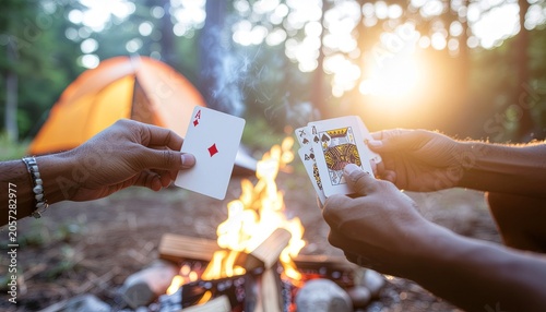Friends playing cards during camping trip, warm campfire lighting