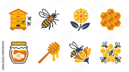 Honeycomb and bees icons set.