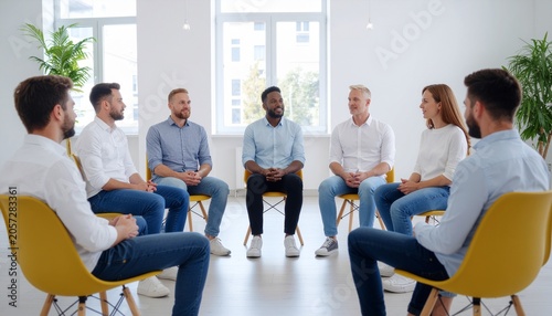 Diverse group sitting in circle having meaningful conversation, inclusion, belonging
