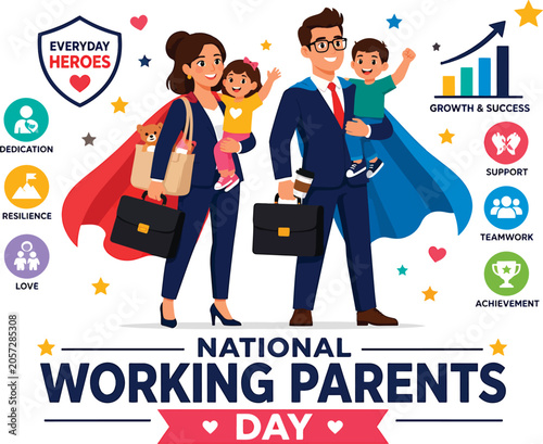 National Working Parents Day flat vector illustration featuring working parents portrayed as everyday heroes