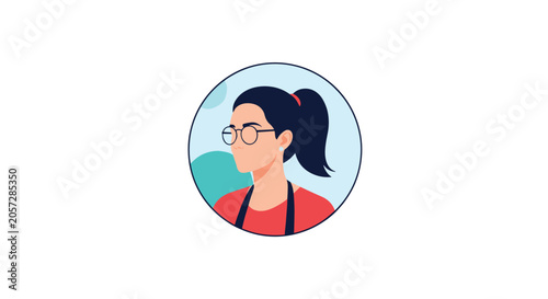 Circular profile picture or avatar of a young woman with dark hair in a ponytail wearing glasses and a red shirt against a blue sky.