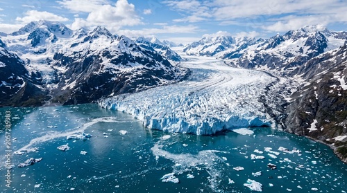 Foto Glacier calving into icy blue water with snow capped mountains