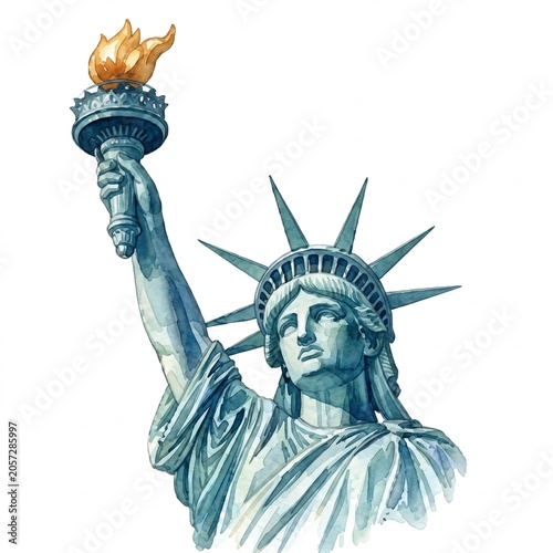 Watercolor illustration of the Statue of Liberty holding a flaming torch isolated on white background 4th of July Independence Day patriotic clip art graphic design element