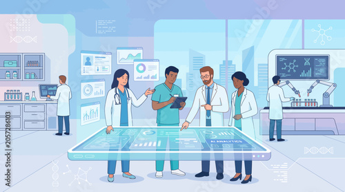 Medical Professionals Using AI Analytics in Futuristic Lab