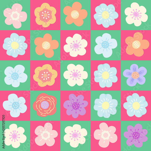Retro Floral Checkerboard Pattern with Colorful Flowers