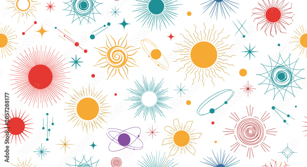 Fototapeta premium Beautiful seamless pattern displays various celestial symbols including suns, stars, planets, and moons in vibrant colors.