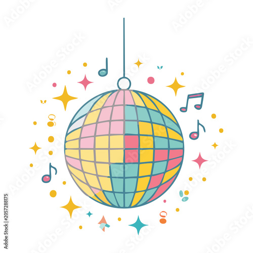 Flat design world map with musical notes and stars