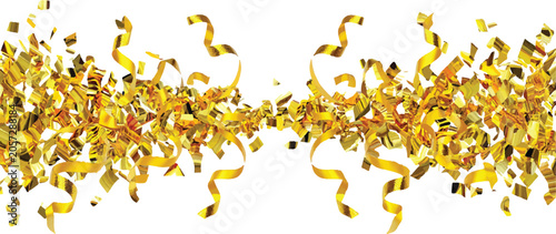 Obraz na płótnie Two separate clusters of golden confetti and swirling ribbons with confetti stre
