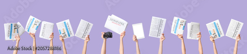 Canvas Print Hands holding newspapers, digital tablet, and camera news media evolution and in