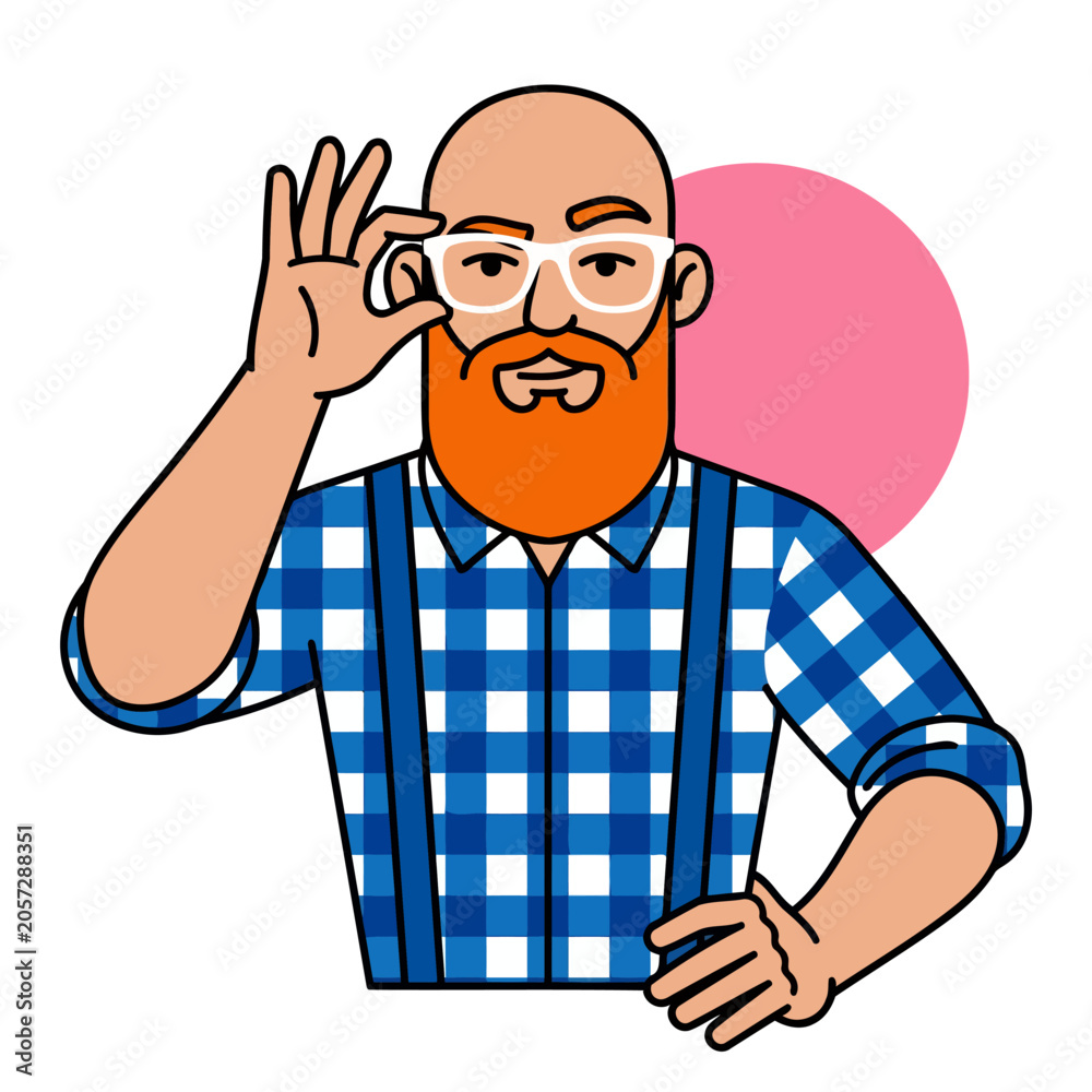 Naklejka premium Bearded man with glasses and plaid shirt, flat vector modern illustration.