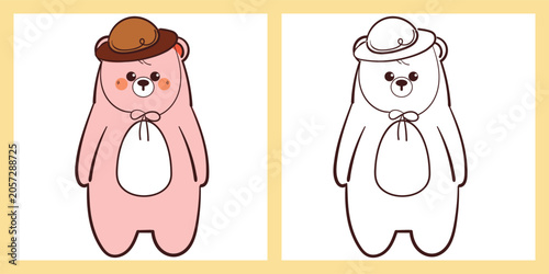 cute hand drawn cartoon bear wearing hat for coloring page