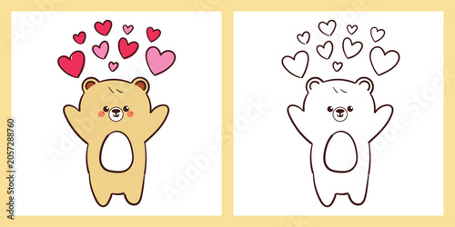 cute hand drawn cartoon bear with hearts for valentine coloring page