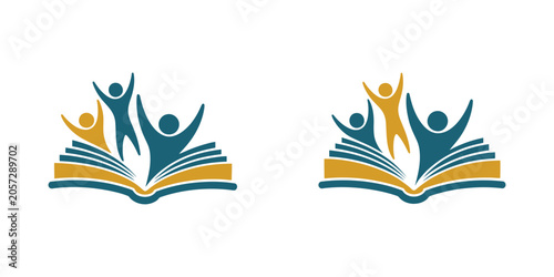 Fotografi Open book logo with human figures celebration education concept vector illustrat