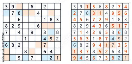 Obraz na plátně Sudoku puzzle with incomplete grid and solved version side by side