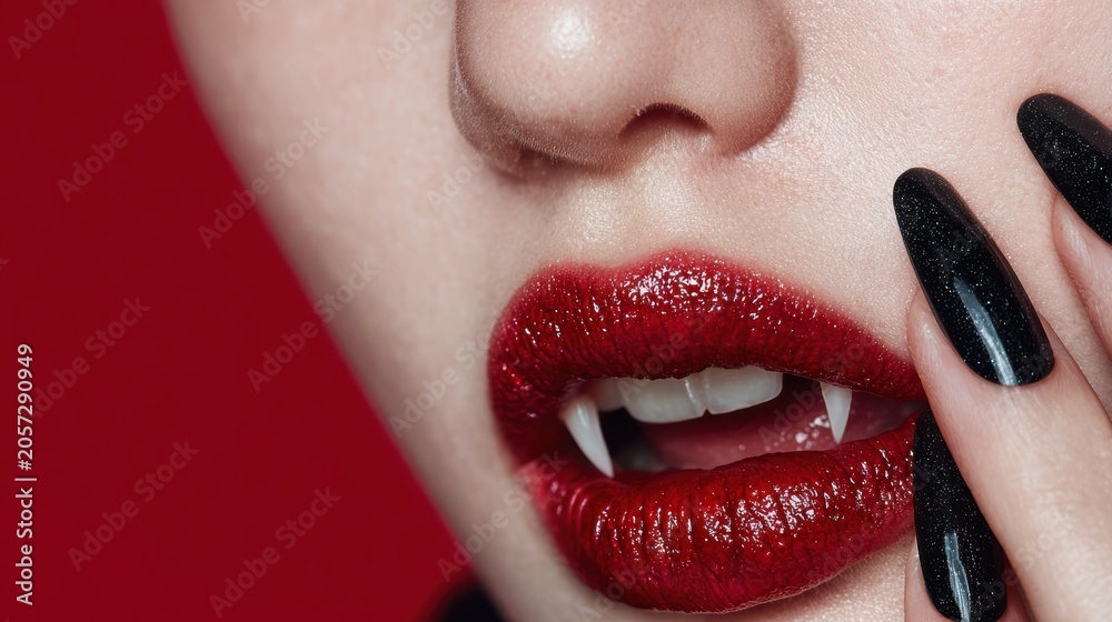 Obraz premium Sexy Vampire Woman lips with blood,Dripping blood on mouth, witches or beast creatures,female lips with fangs,horror holiday monsters,Vampire makeup Fashion Art design,Halloween banner background.