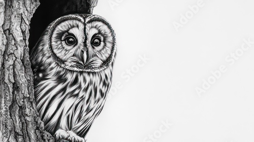 Monochrome illustration of an owl in a tree hollow, with detailed plumage and piercing gaze