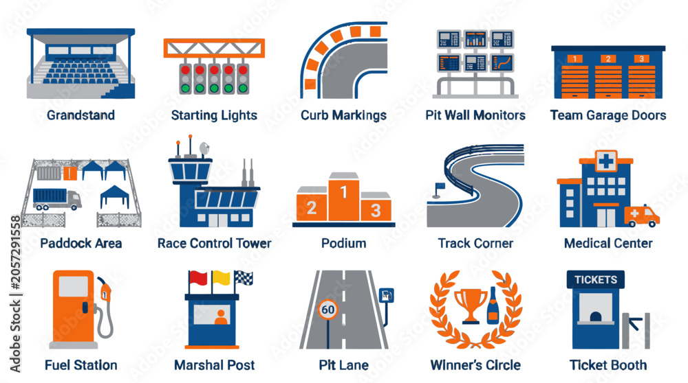 Naklejka premium Race Track Infrastructure and Paddock Facilities Vector Set