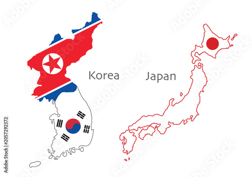 North korea and South korea country map and Japan flag.