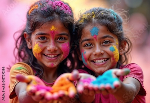 Holi Festival in India. children painted with bright gulal powder colors