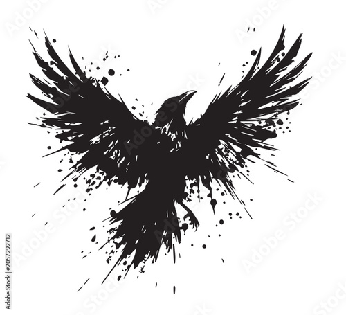 Dynamic black raven illustration with grunge splatter wings, embodying freedom and mystery, perfect for bold graphic design