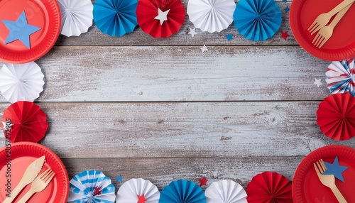 Patriotic paper fan border on rustic wood with blank copy space
