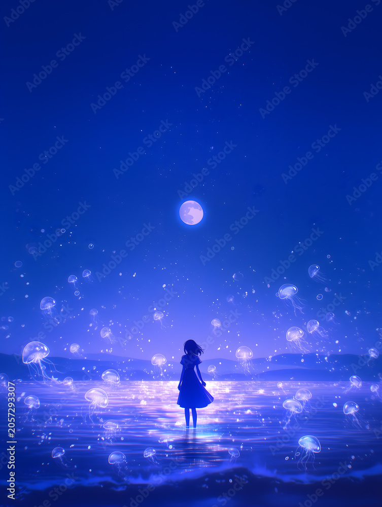 Fototapeta premium Floating Jellyfish and Girl