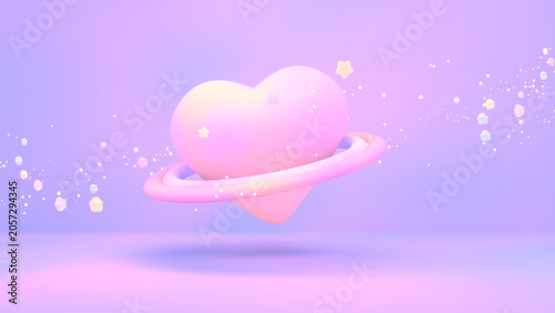 3D render of dreamy heart-shaped planet with stars.