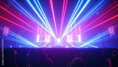 Blue and pink laser beams across a concert arena.