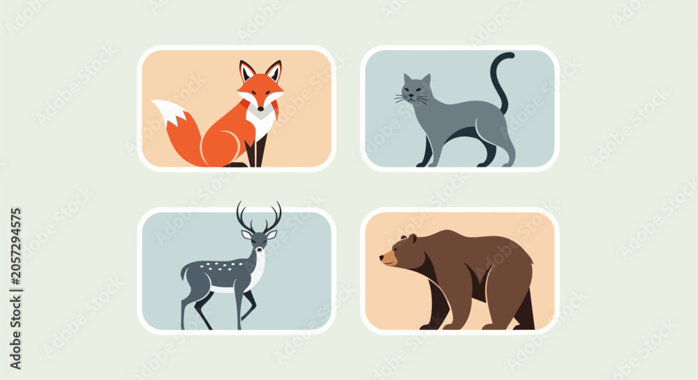 Obraz premium Four animals including a fox, cat, deer, and bear are shown.