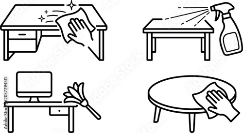 Office Table Cleaning Line Icon Set Featuring Desk Wiping Spray Bottle Duster and Surface Disinfectant Vector Illustration