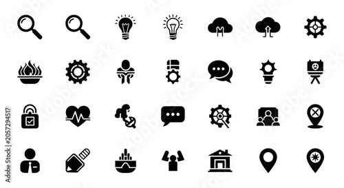 Foto Various icons depict business, technology, and communication concepts on a plain surface