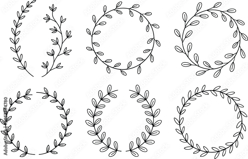 Fototapeta premium Set of elegant hand drawn floral wreath and laurel branch vector elements isolated on white background for wedding design