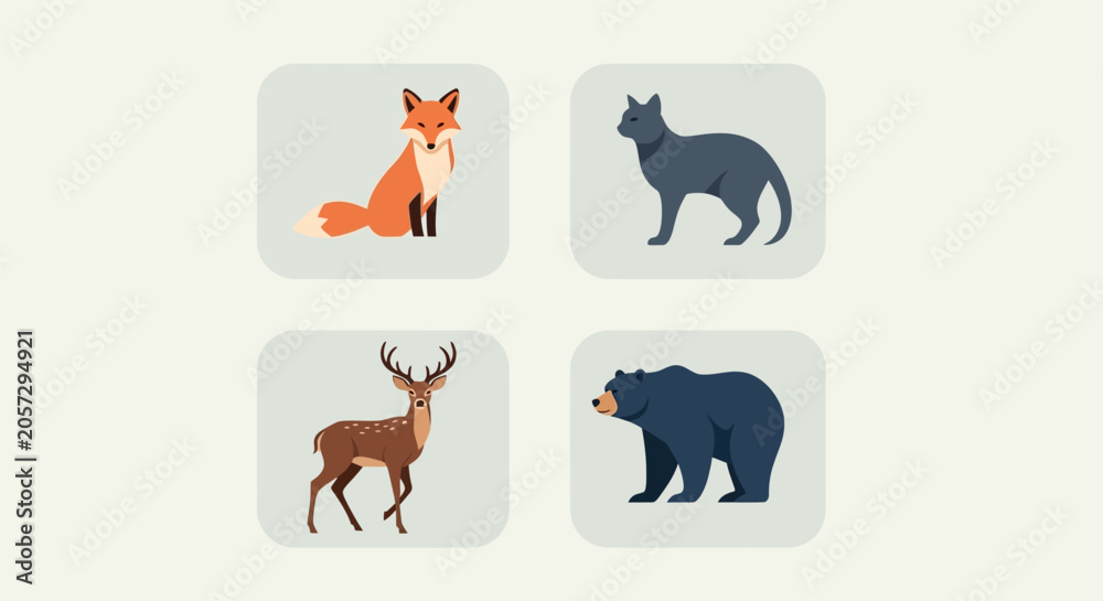 Obraz premium Wild animals including a fox, wolf, deer and bear are shown.