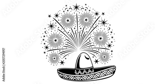 A festive sombrero sits under a vibrant fireworks display in the evening sky with stars.