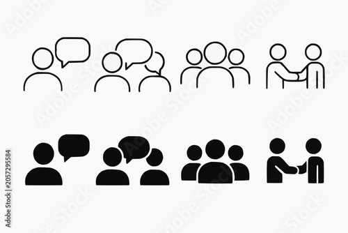 People Communication and Teamwork Line and Silhouette Icon Set