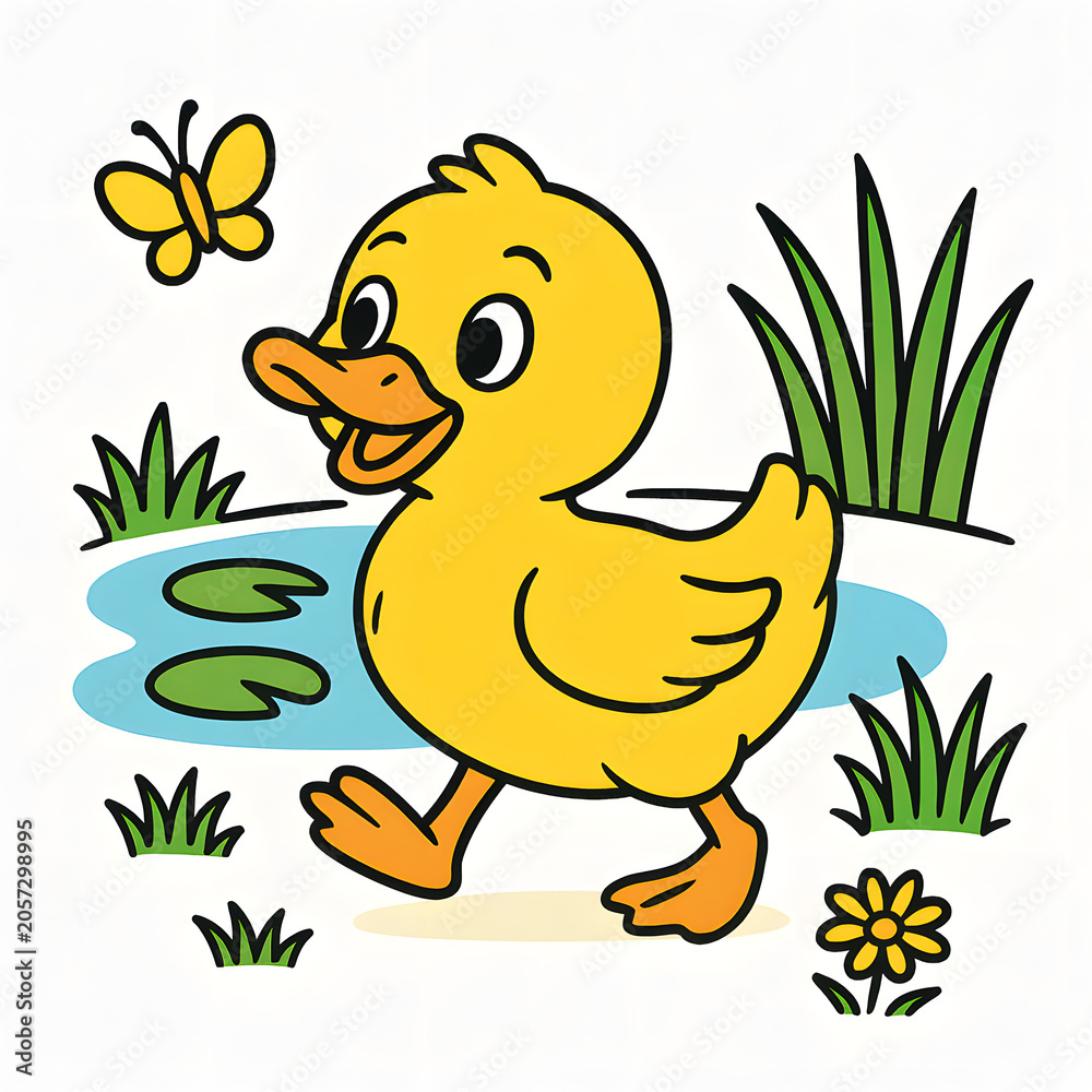 Fototapeta premium Cute Yellow Duckling by Pond with Butterfly – Kids Cartoon Illustration