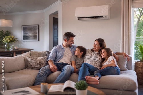 Happy Family Enjoying Indoor Comfort with Modern Air Conditioning System at Home