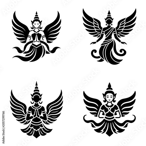 Obraz na plátně Elegant Kinnari silhouette featuring a mythical Thai celestial bird maiden with graceful wings and traditional ornamental details