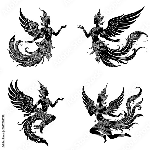 Obraz na plátně Elegant Kinnari silhouette featuring a mythical Thai celestial bird maiden with graceful wings and traditional ornamental details
