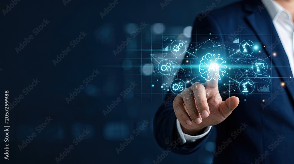 Fototapeta premium Businessman Interacting with Futuristic Digital Network Interface.