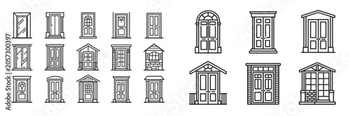 Front door line icons set with various entrance doorway designs in vector outline style for architectural and real estate design