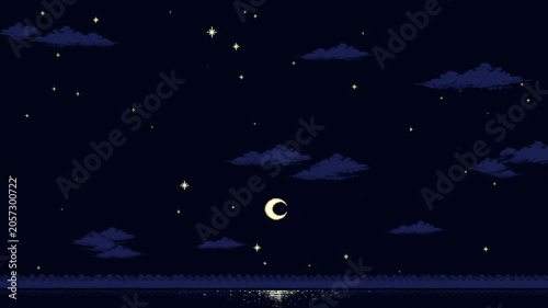 Slow pan tracking of crescent moon rising over pixel art ocean shoreline with glowing reflection under starry night sky and drifting clouds